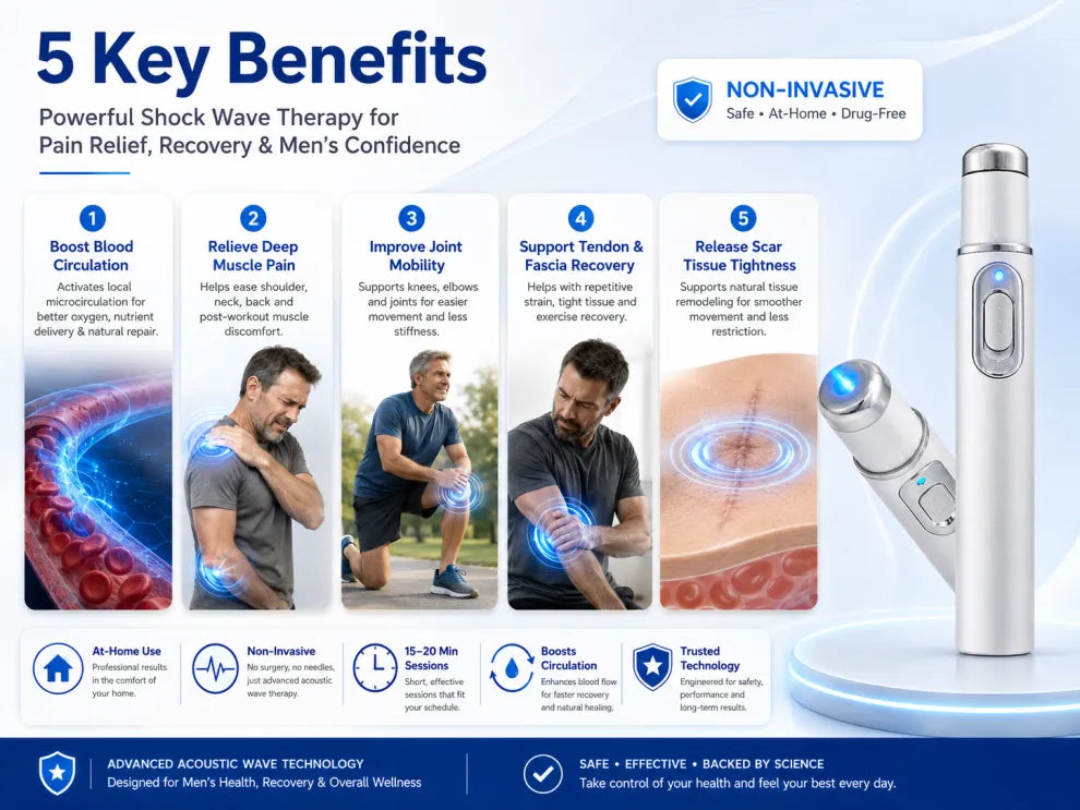 Advanced Acoustic Shockwave Therapy restores penile tissue health to enhance rise rigidity, stamina, and male performance confidence, relieving muscle pain, joint stiffness, tendon discomfort 📈