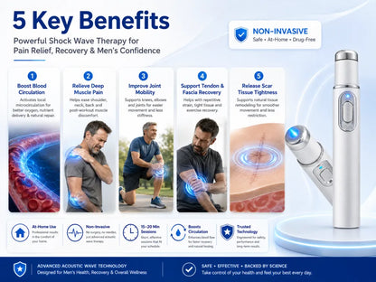 Advanced Acoustic Shockwave Therapy restores penile tissue health to enhance rise rigidity, stamina, and male performance confidence, relieving muscle pain, joint stiffness, tendon discomfort 📈